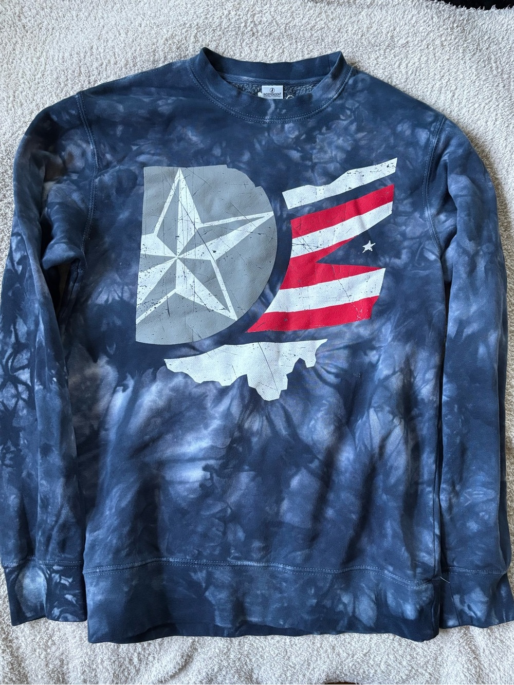 Tie-Dye Navy Graphic Crewneck Sweatshirt with Star Flag Design